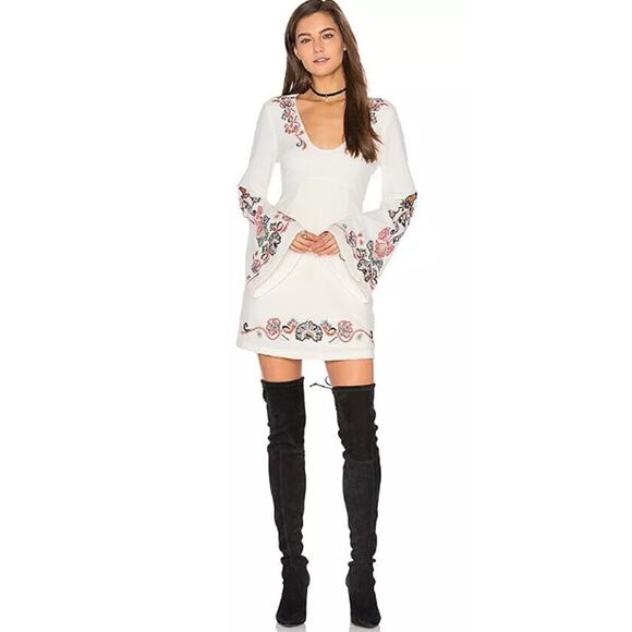Free People Holiday Folk Mini Dress Womens‎ 4 Ivory Embroidered Boho Festival - Picture 1 of 11